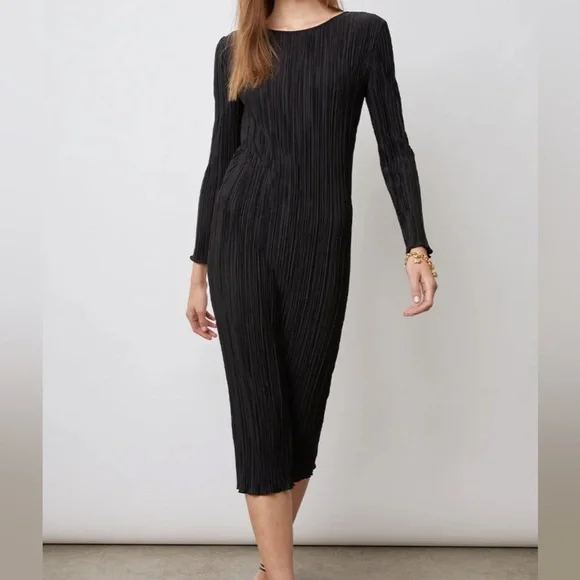 NWT Rails Jordy Midi Pleated Satin Long Sleeve Dress Black | XS - Picture 12 of 12